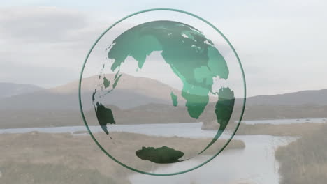climate action being visualized by green globe overlay floating above wetland marsh in flat design