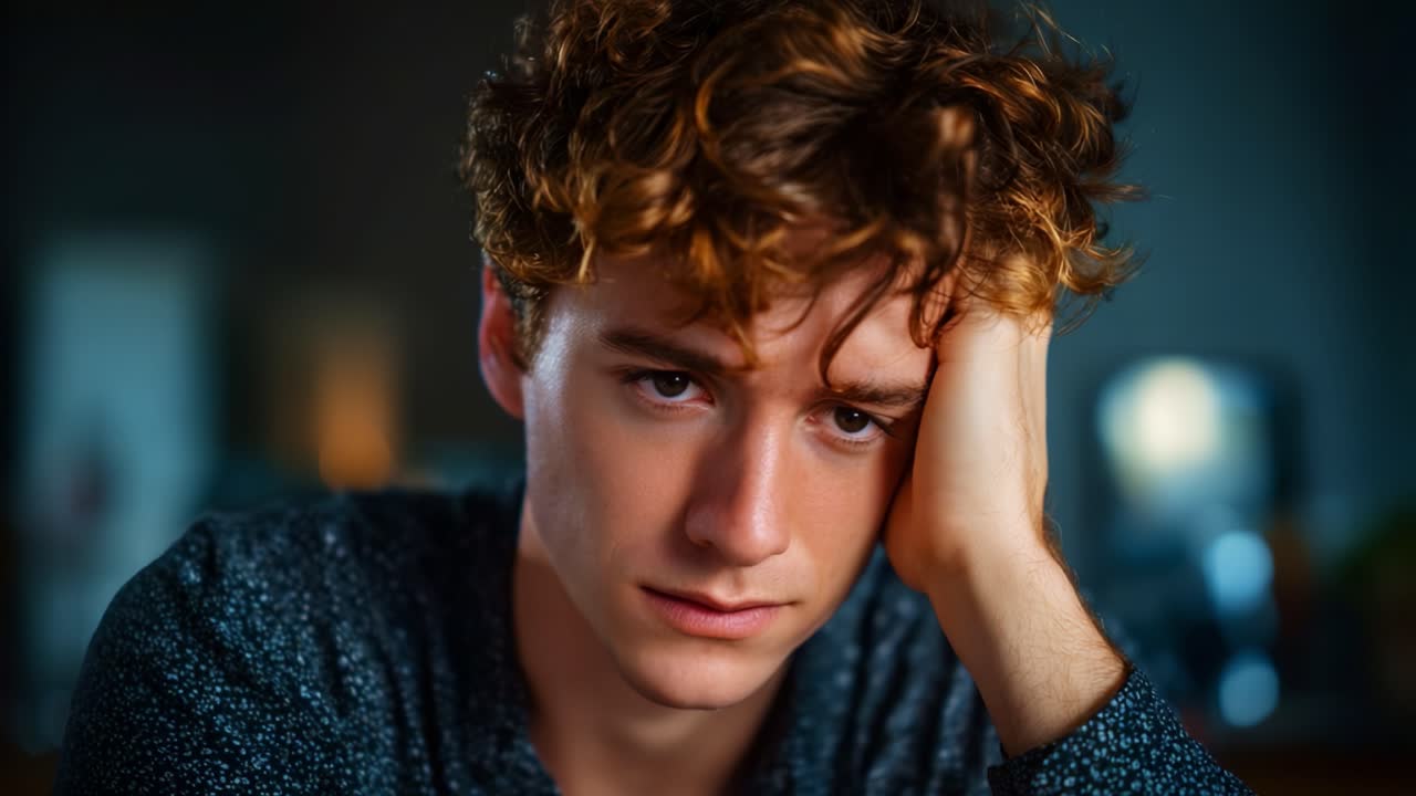 A Young Man Reflects in Contemplation, Expressing Emotion Through Body Language, Set Against a Softly Lit Background with Subdued Tones and a Thoughtful Atmosphere