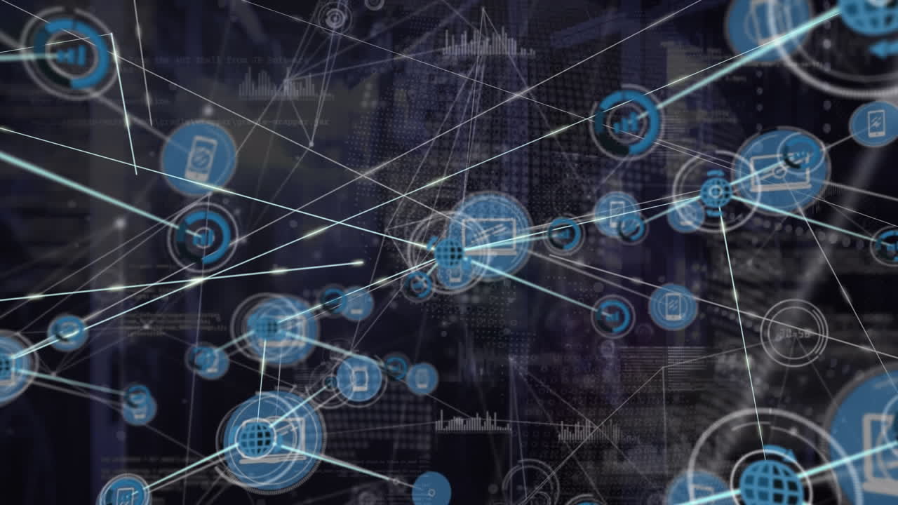 Animation of network of connections with icons and data processing over server room
