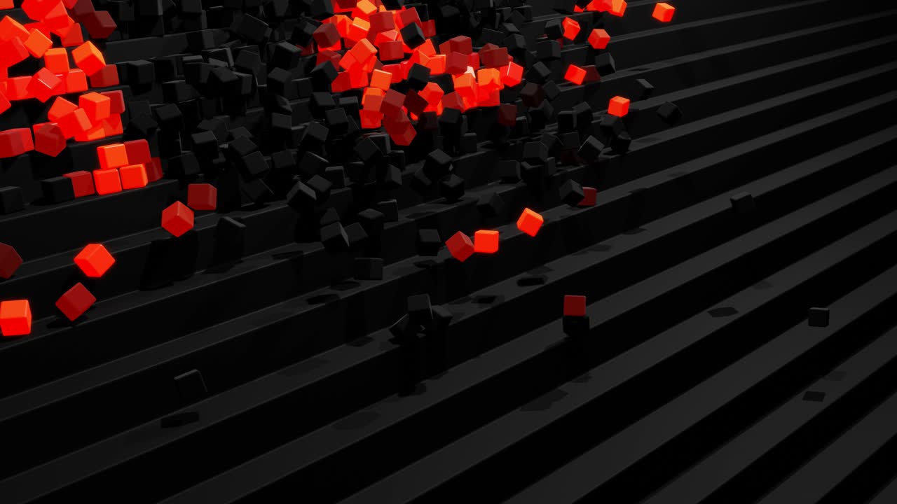 cubes fall down on steps bounce off stair and roll down light up and form pattern. Cubes like abstract bulbs or garland. Abstract background 4k 3d render Motion design nft style