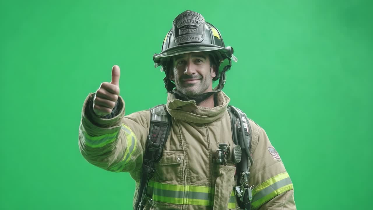 A confident firefighter poses in front of a vibrant green backdrop, showcasing dedication and bravery while wearing full firefighting gear and a genuine smile