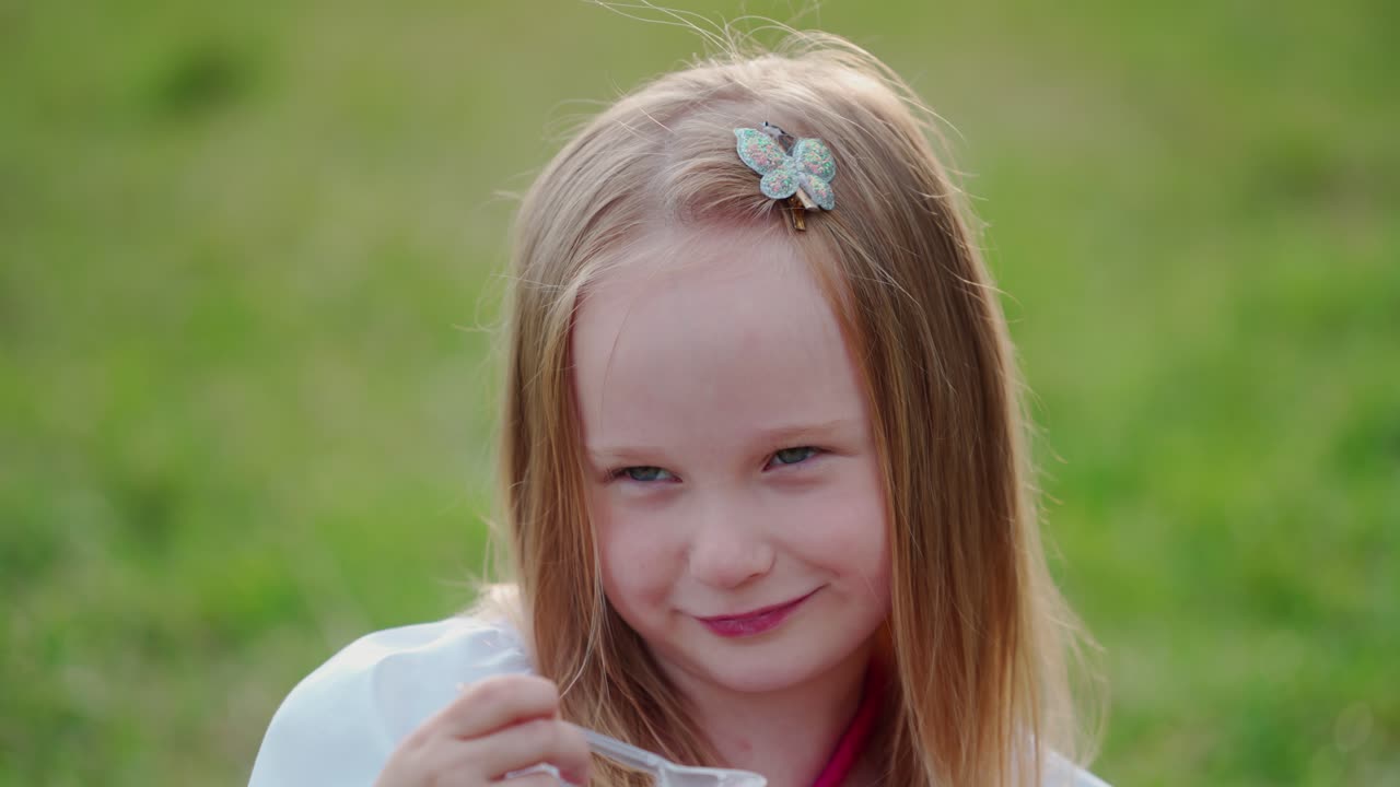 Portrait of adorable little girl outdoors. Beautiful small blonde child is sitting on the grass and eating on green nature background.