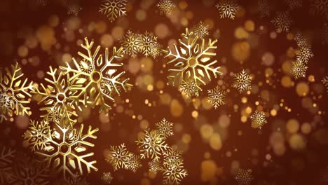 Animation-of-snow-falling-and-light-spots-on-brown-background