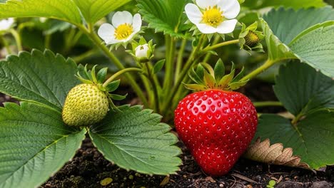 a close-up view of ripe and unripe strawberries nestled among lush green leaves and delicate white flowers in a vibrant garden setting