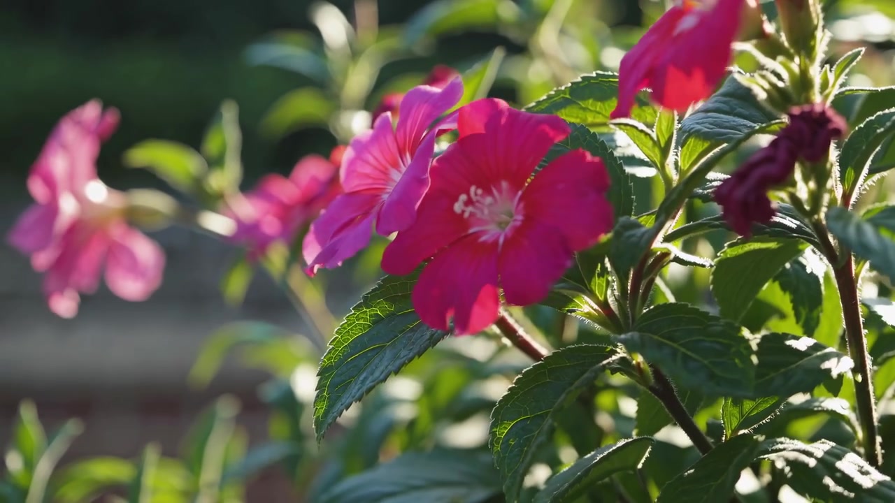Fiori rosa vivaci con foglie verdi alla luce naturale del sole