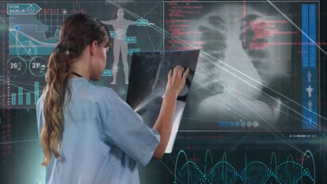 Animation-of-caucasian-female-doctor-over-digital-screen-with-biological-data-and-connections