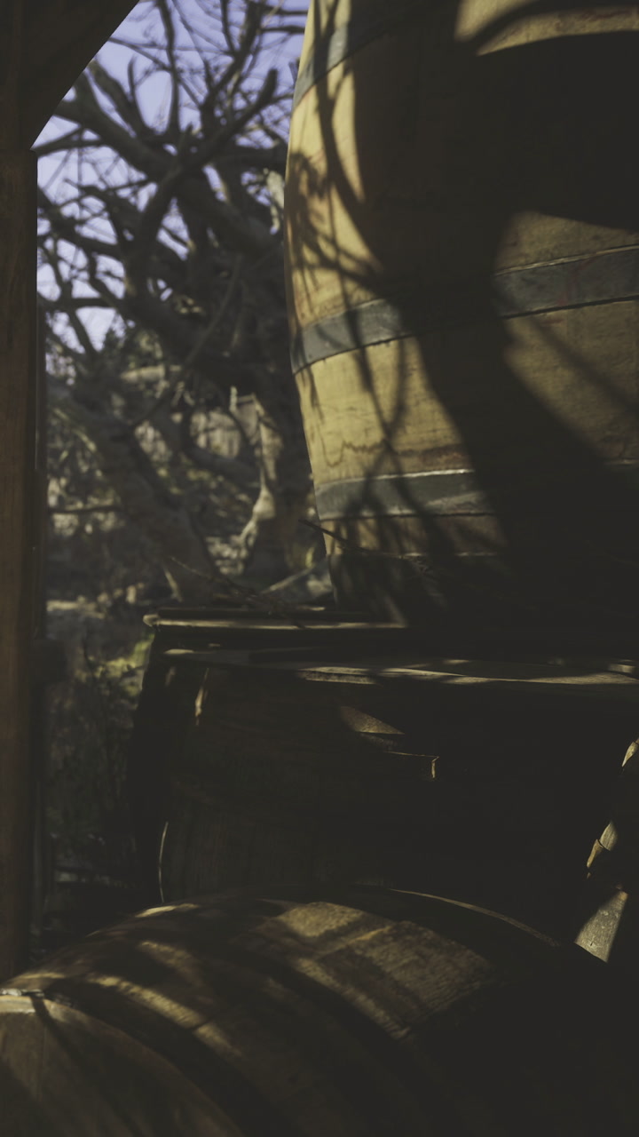Shadows dance gracefully around rustic barrels under an autumn sky