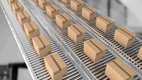 animación de cajas de cartón que se mueven en cintas transportadoras en el almacén