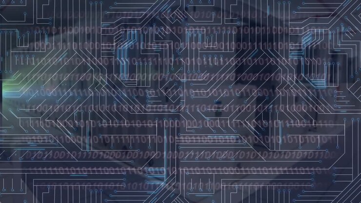 Animation of data processing over glowing computer circuit board