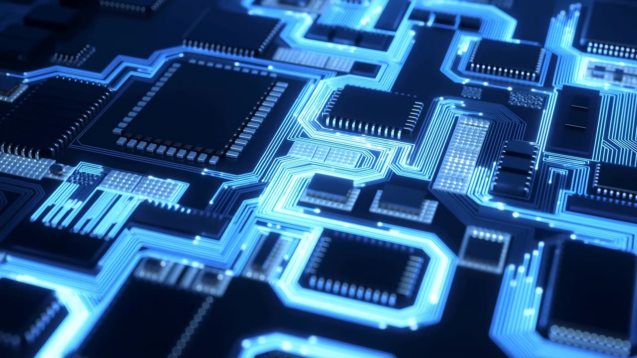 Glowing Circuit Board With Illuminated Traces, Microchips And Solder Pads Pulsing With Data Flow, High