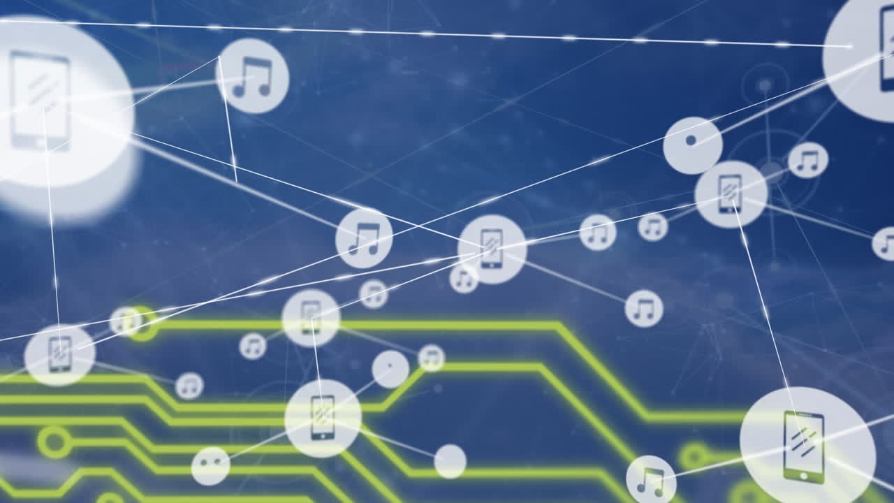 파란 하늘의 메인보드 위에 미디어 아이콘의 네트워크의 애니메이션