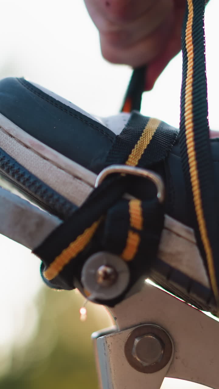primer plano de una zapatilla azul asegurada en el zócalo mientras la mano aprieta la correa. detalles de la correa negra y amarilla contra el marco metálico resaltan el enfoque en el ajuste. fondo al aire libre borroso con luz natural