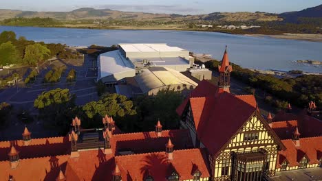 aerial shot the rotorua museum and blue bath, rotorua, new zealand