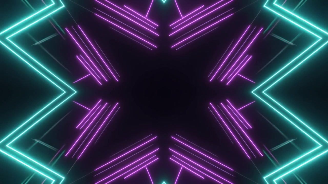 Motivo caleidoscopico astratto di luci al neon con forme geometriche pulsanti