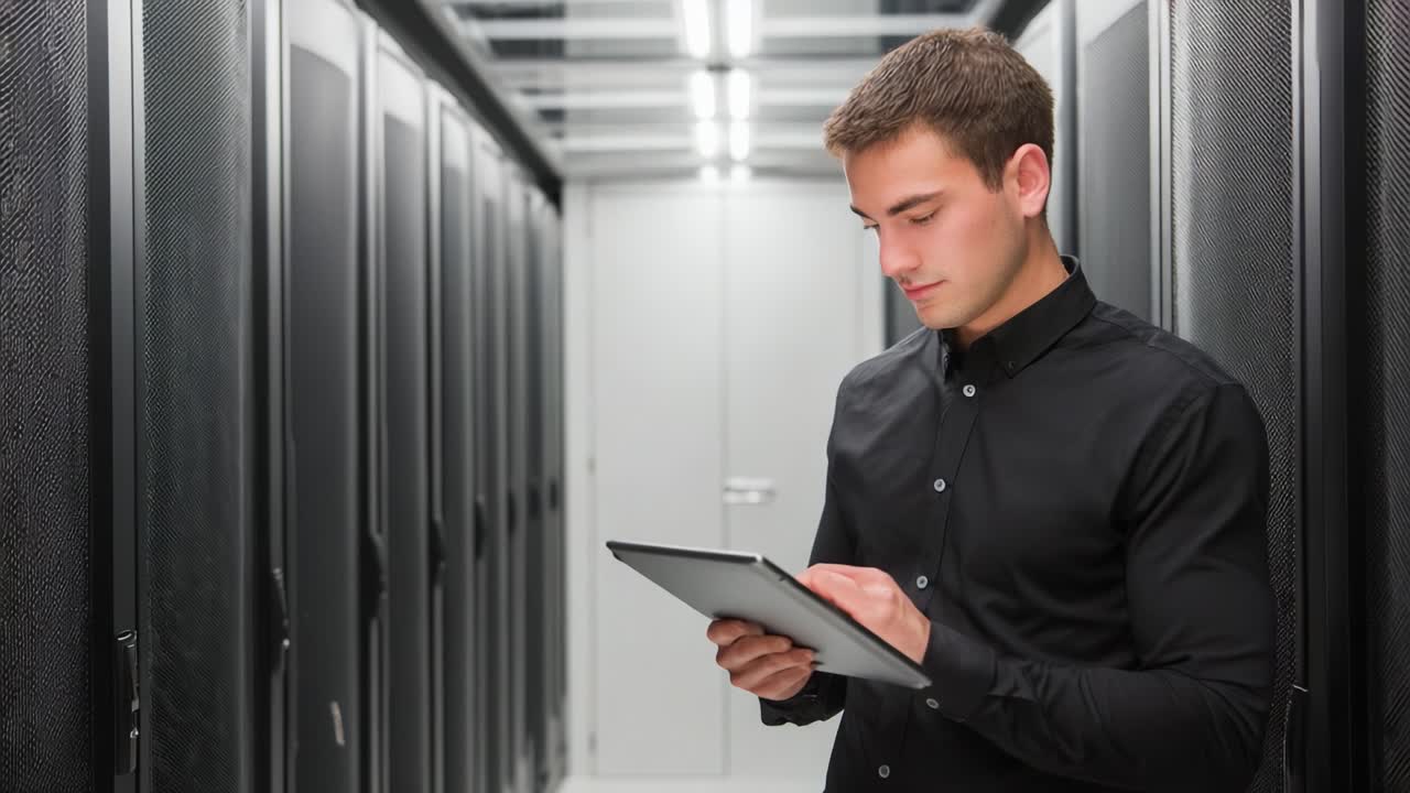 Focused Technician Analyzing Data in a Modern Server Room while Holding a Tablet, Surrounded by High-Tech Server Racks in an Environment of Advanced Technology
