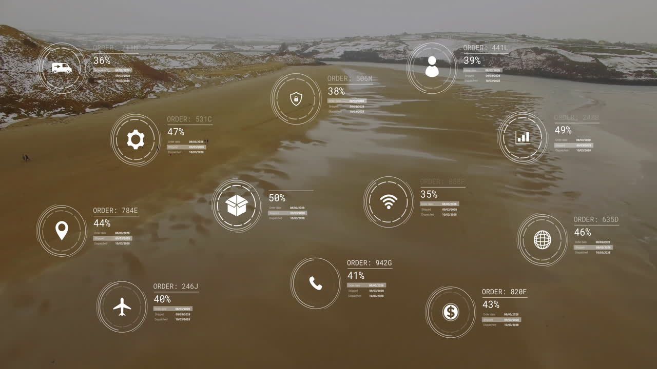 animación de la red de iconos y procesamiento de datos sobre el paisaje
