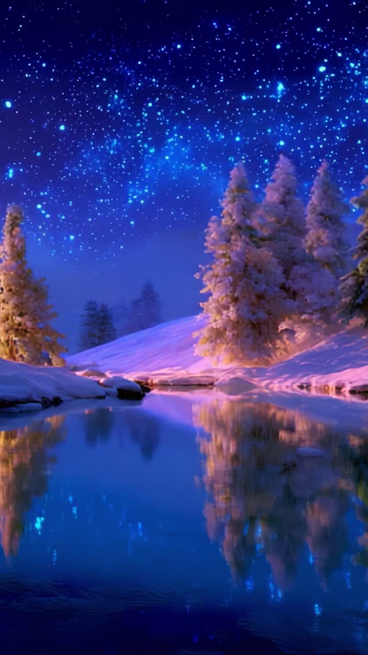 A serene winter nightscape featuring glistening snow-covered trees under a breathtaking starry sky, reflecting on a calm river, creating a tranquil and picturesque natural scene filled with beauty and wonder