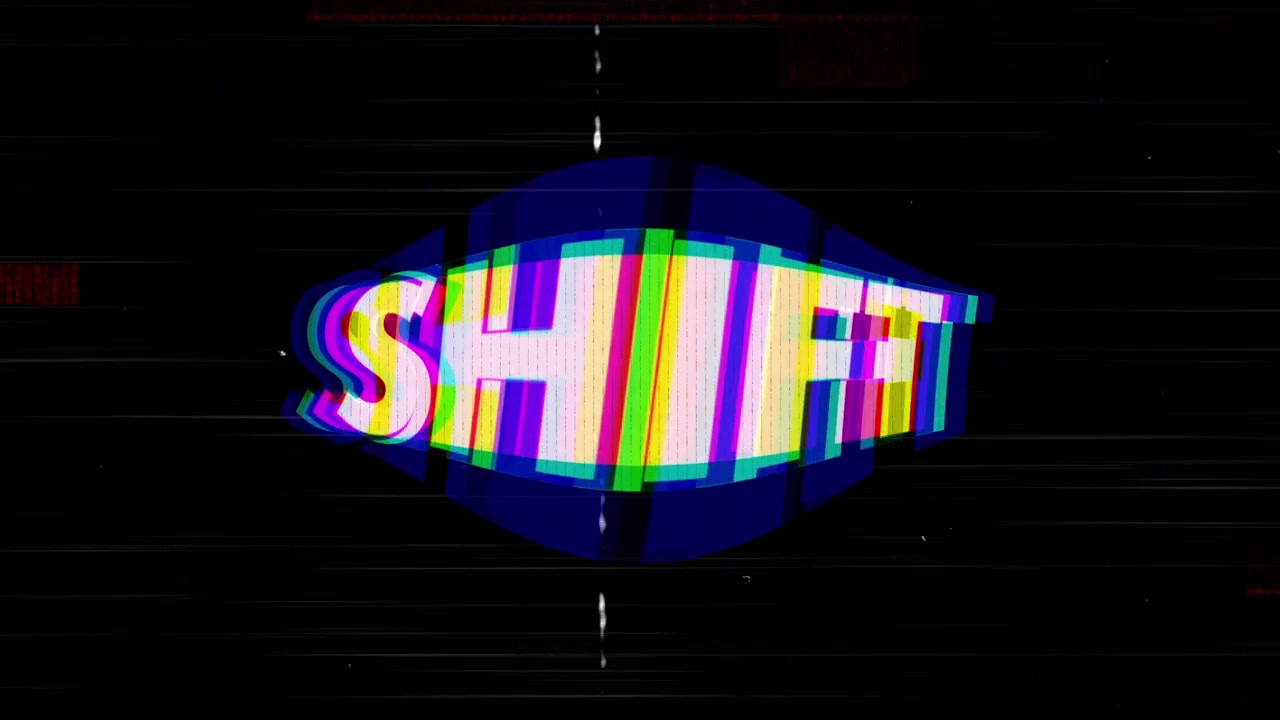 SHIFT text fading in, glitching and splitting in digital void, with static lines and waveform bars