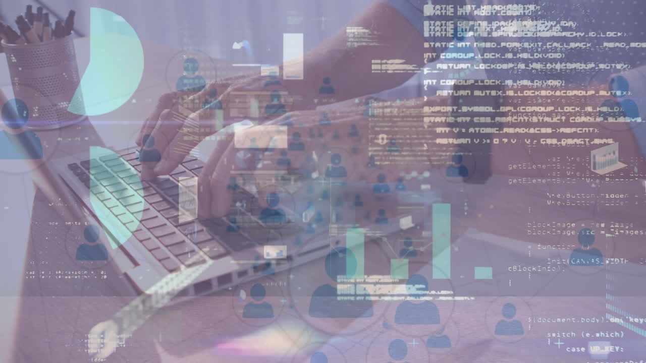 animación de procesamiento de datos estadísticos contra la sección media del hombre que utiliza la computadora portátil en la oficina.