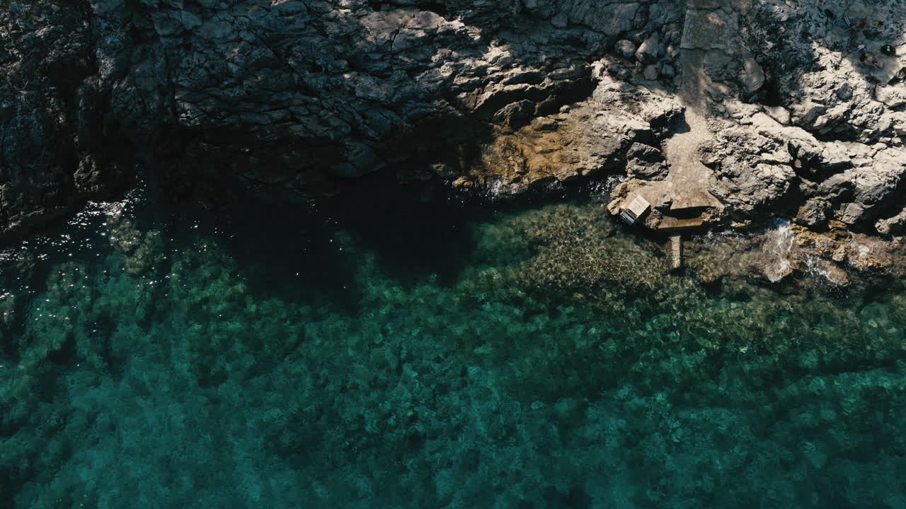 Aerial View of a Rocky Coastline and Turquoise Water