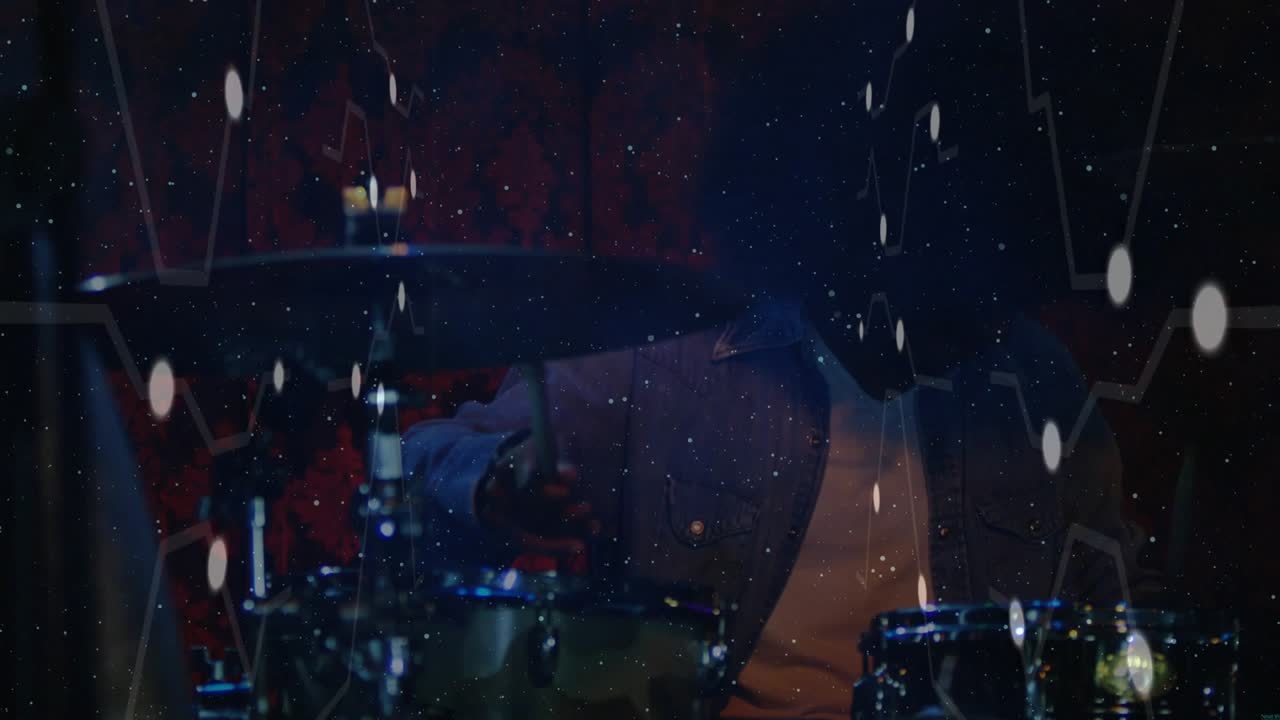 Male drummer raising stick starting pulsing audio waveform striking cymbal snare tom showing rhythm