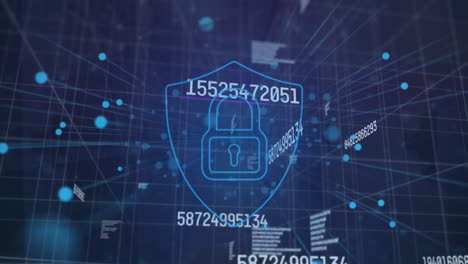 animation of padlock icon data processing over server room