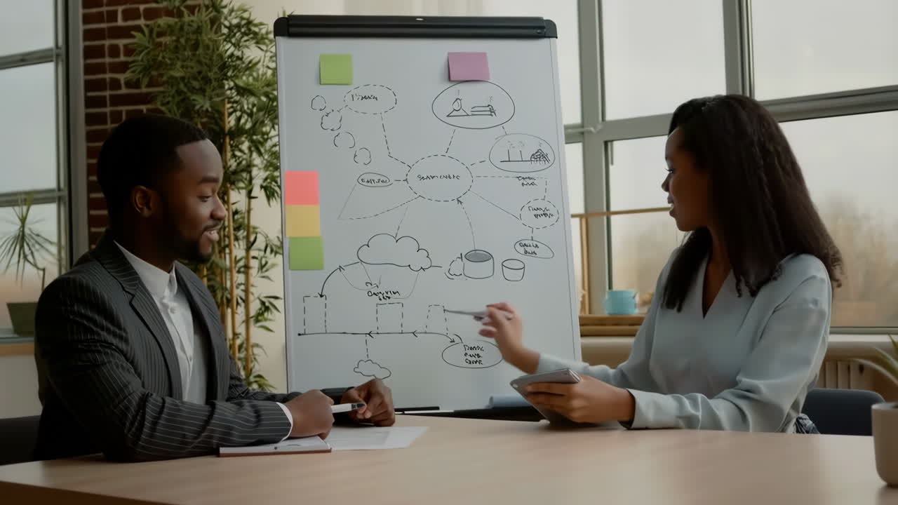 Two professionals discuss ideas during a business meeting with a whiteboard presentation