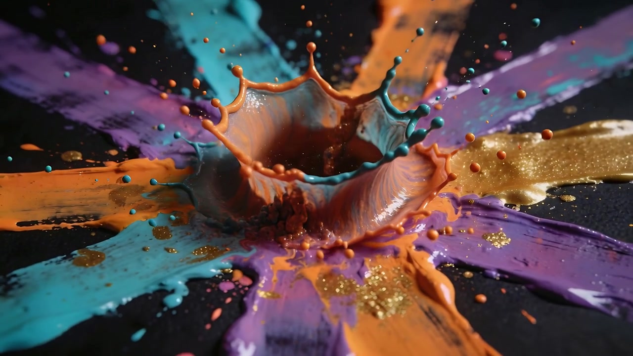 Impacting droplet at paint center sending paint splashing on studio table testing with glitter