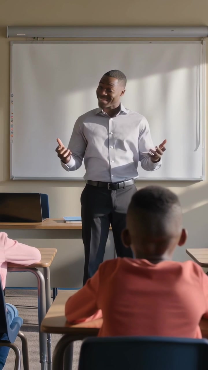 Vertical video: Starting class teacher wearing shirt smiling, speaking at front with board, laptop