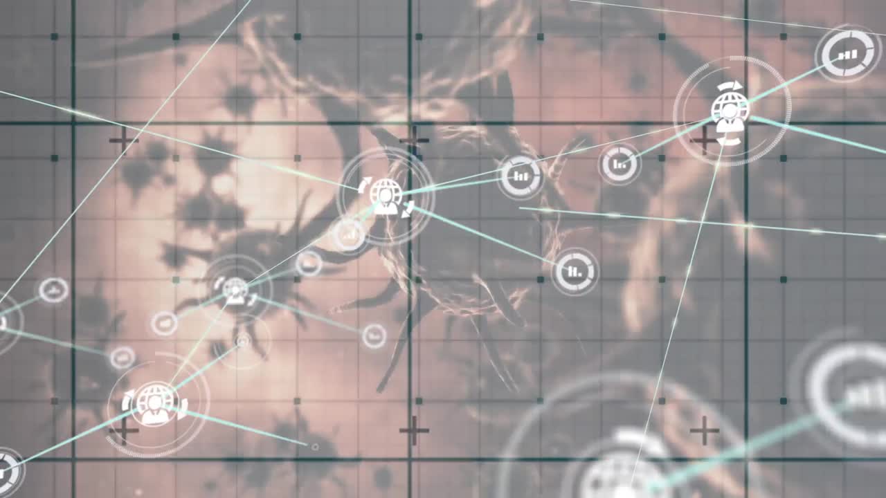 Animation of network of connections over covid cells on white background