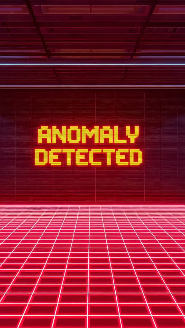 Vertical video: Displaying pixelated ANOMALY DETECTED sign signaling system alert in neon grid room