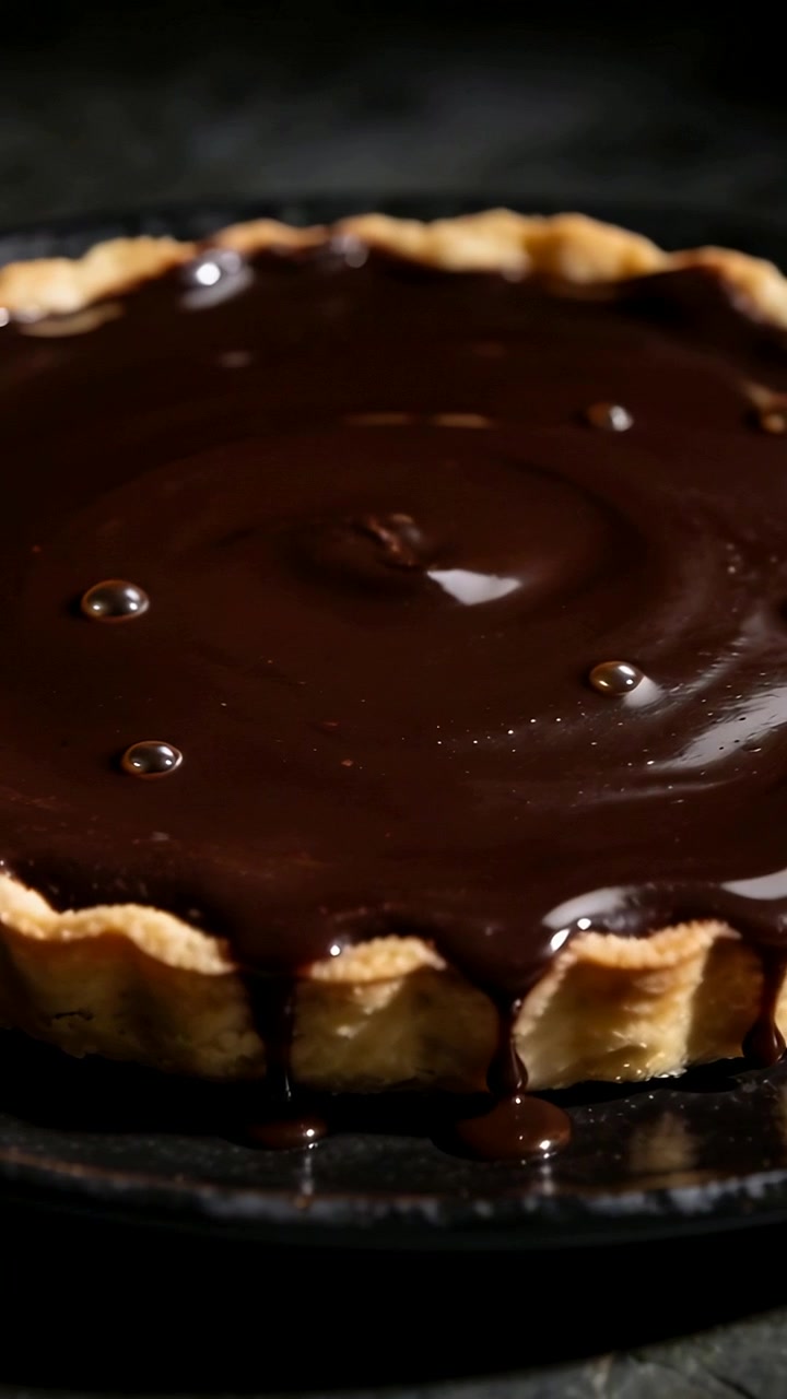 Vertical video: Pouring ganache glazing scalloped tart, rippling on slate plate and making drips