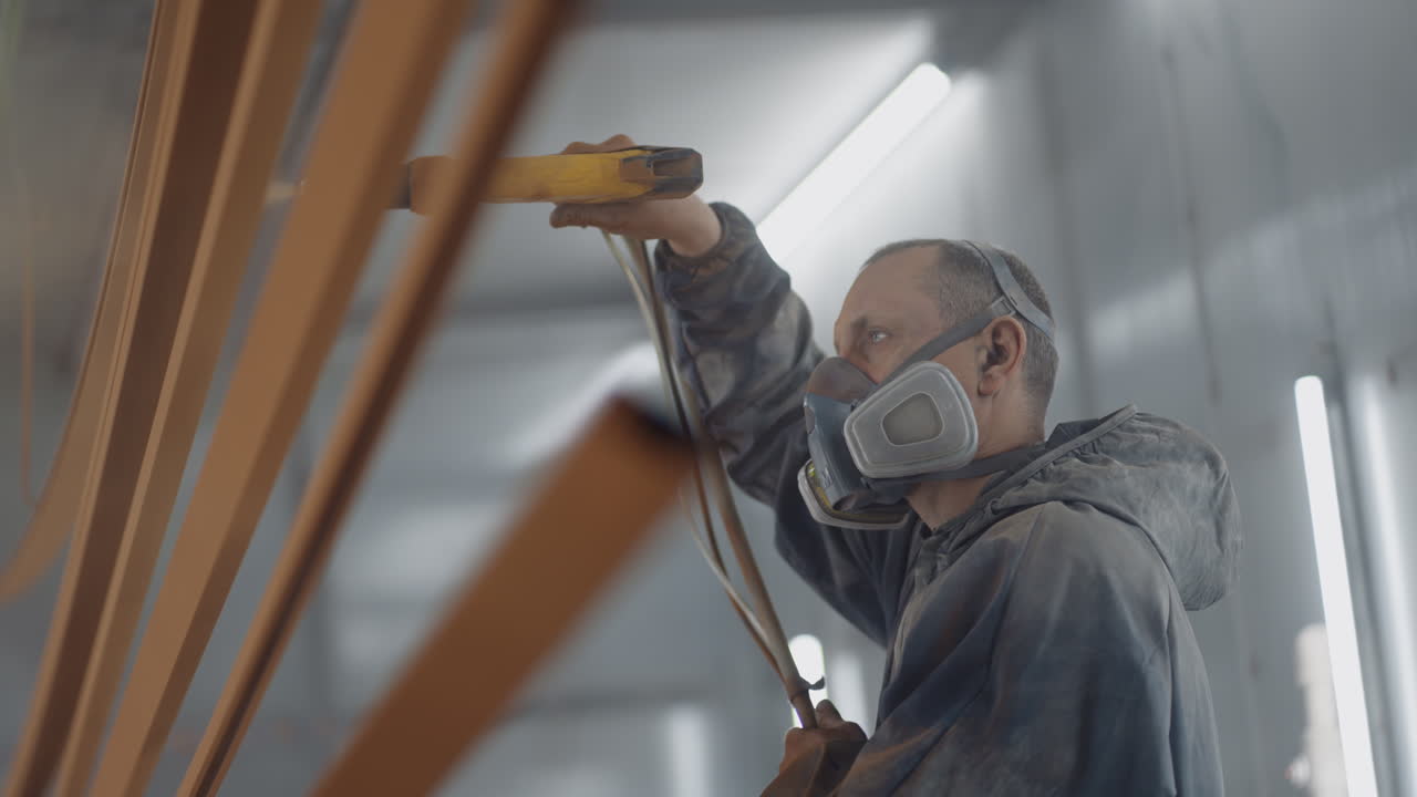 A man in a respirator is painting metal with a powder method. Painting shop. The painter works with a spray gun paint is applied