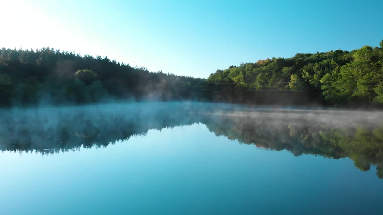 안개 낀 호수와 숲 이른 아침 - 패닝 샷-1
