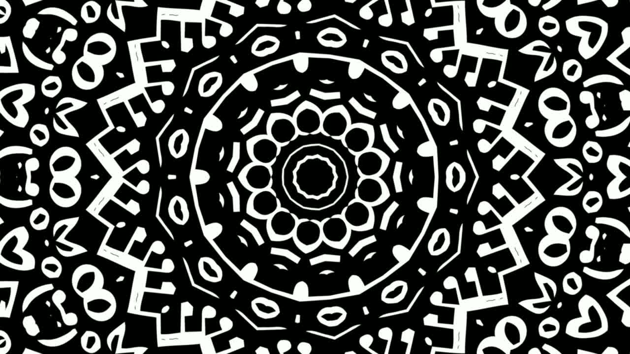 caleidoscópio de símbolos musicais brancos e notas movendo-se em fundo preto