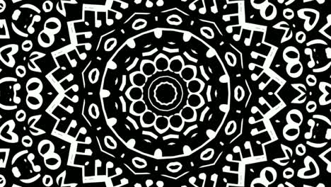 Kaleidoskop-Aus-Weißen-Musikalischen-Symbolen-Und-Noten,-Die-Sich-Auf-Schwarzem-Hintergrund-Bewegen