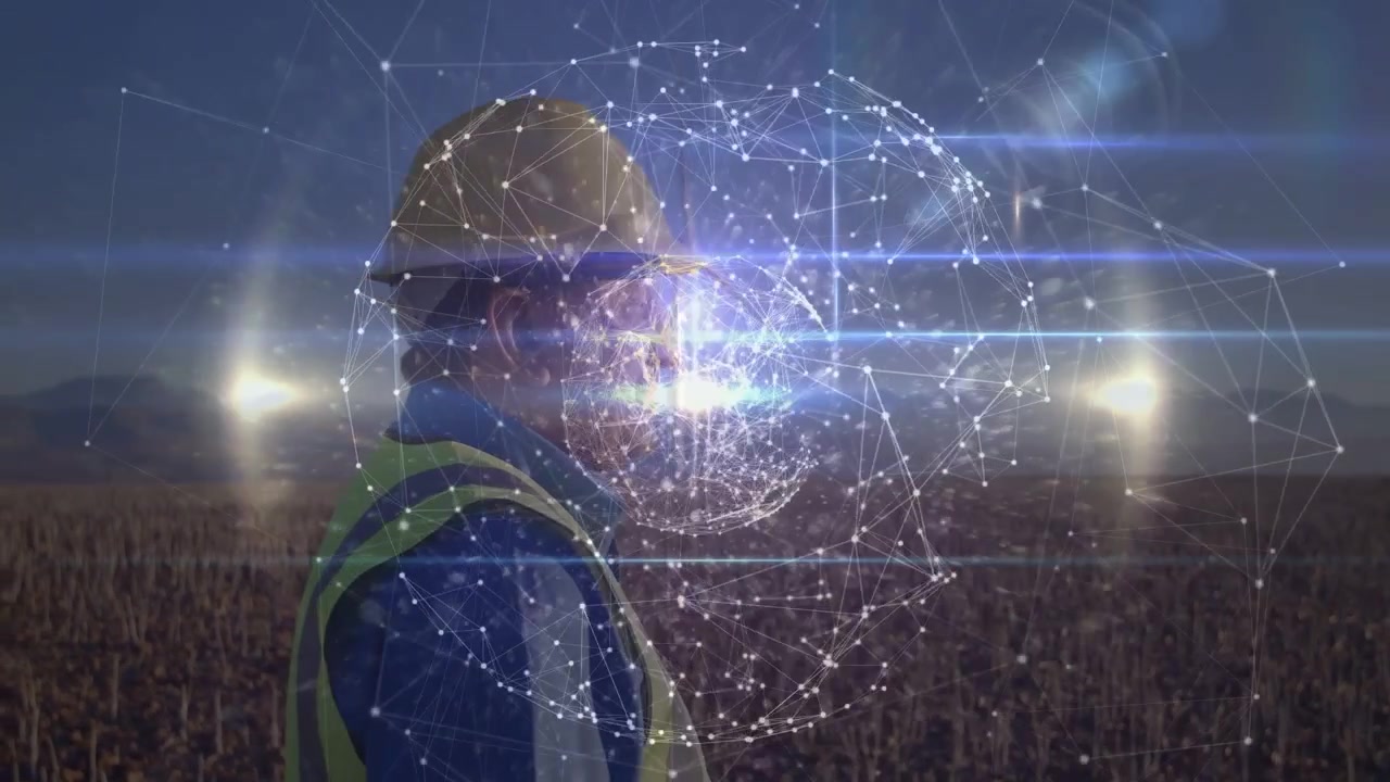 Hologram materialiserer sig over ansigtet, markarbejder med hat vender sig, globus roterer og viser afgrødedata.