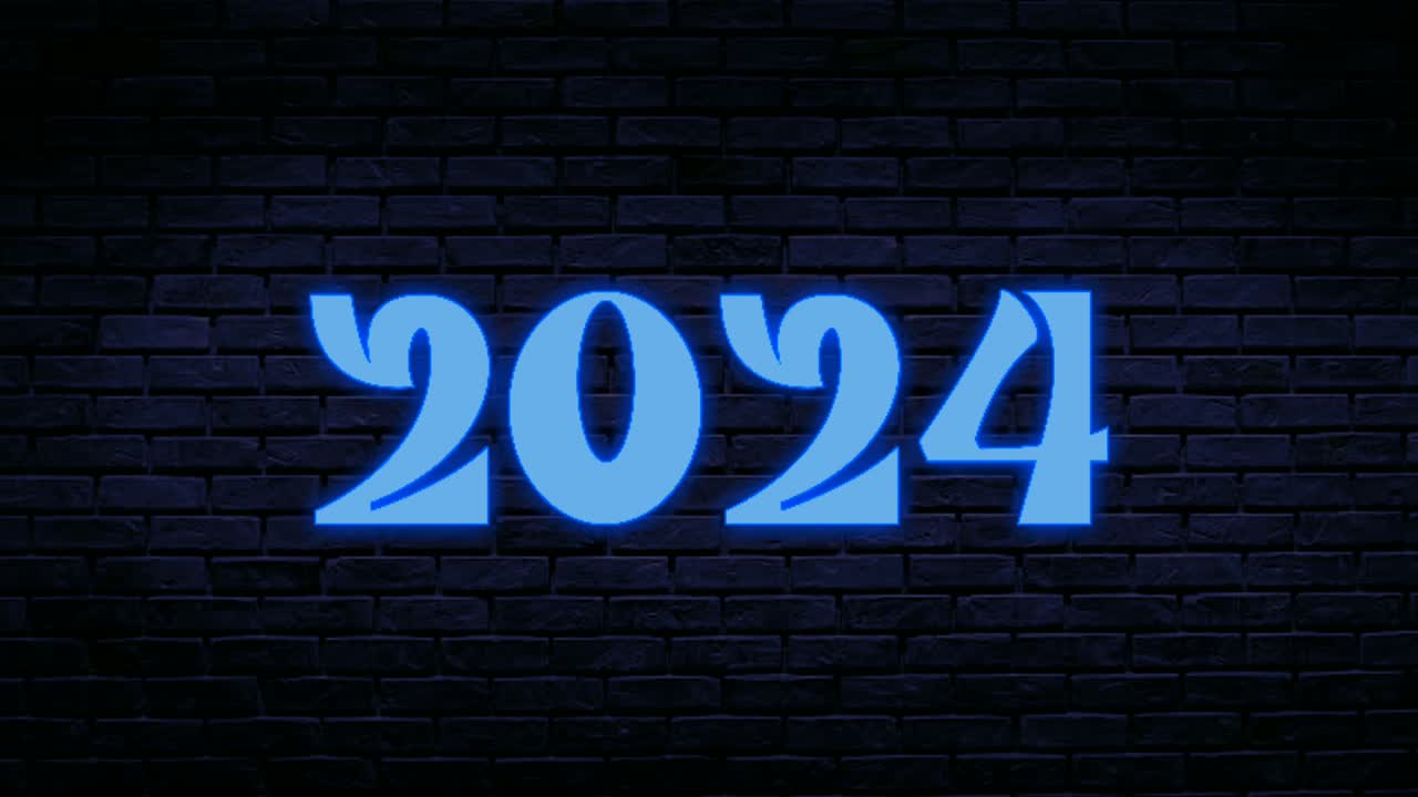 número 2024 animación de neón azul gráficos de movimiento en el fondo de la pared de ladrillo