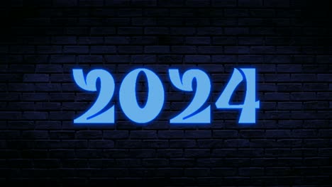 number 2024 blue neon animation motion graphics on brick wall background