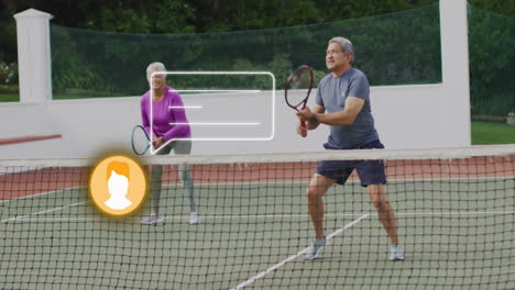 senior couple playing doubles tennis on outdoor club court, featuring technology-driven hud charts