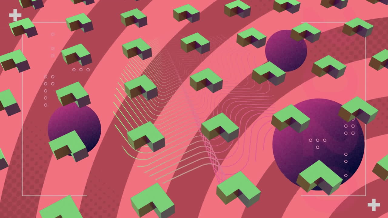 animación de formas 3d abstractas que giran en un patrón sin costuras contra un fondo radial rosado