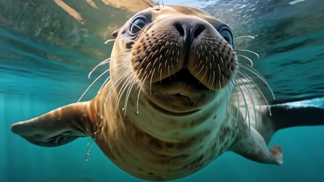 Primo piano di una foca curiosa che nuota sott'acqua