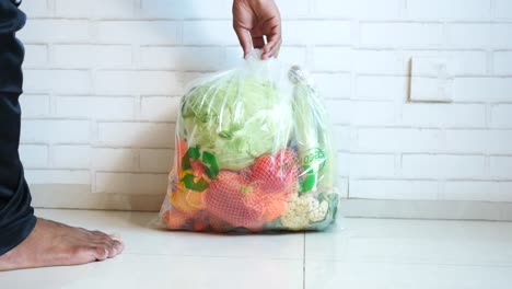 person holding a plastic bag of vegetables