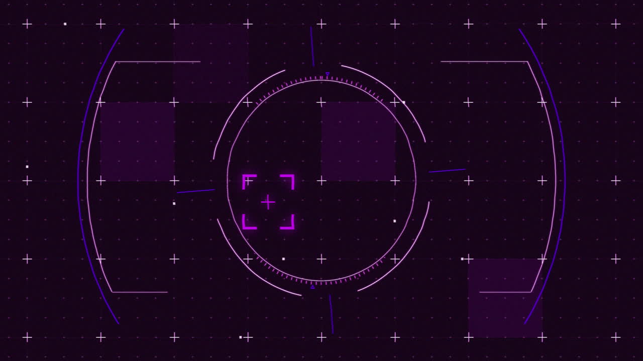 Animation of glowing purple squares and scope scanning with markers over grid background