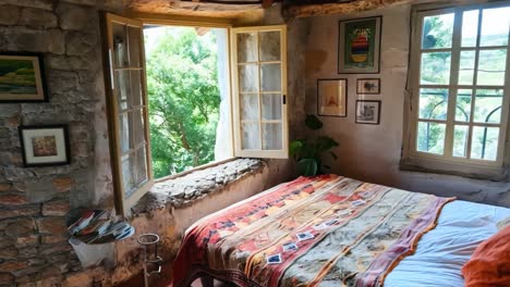 a bedroom with a bed and a window with a view