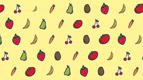 animation of diverse cartoon food floating on yellow background