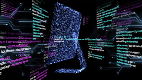 animación de computadora brillante y procesamiento de datos sobre fondo negro