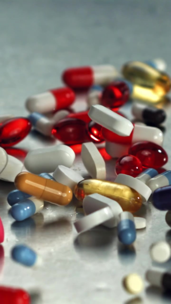Colorful Pills and Capsules Falling in Slow Motion