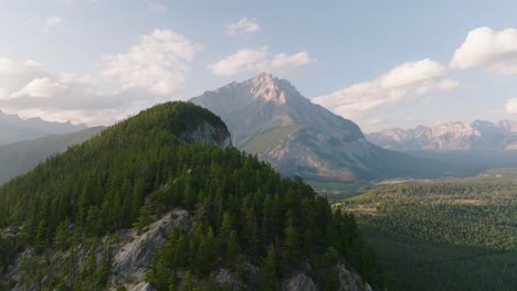 aerial dolly in over steep hill revealing pine tree forest and canadian rockies in background at banff national park, alberta, canada