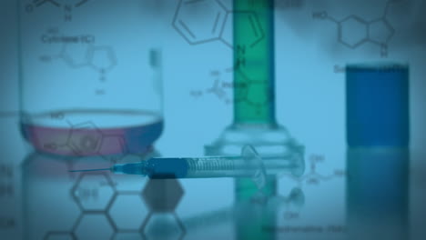 jeringas y artículos de vidrio de laboratorio con fórmulas químicas, animación de investigación científica